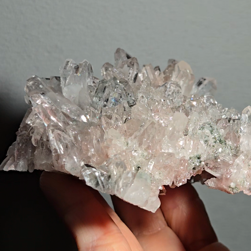 Pink Lemurian quartz cluster with green chlorite, rainbows - LQ189