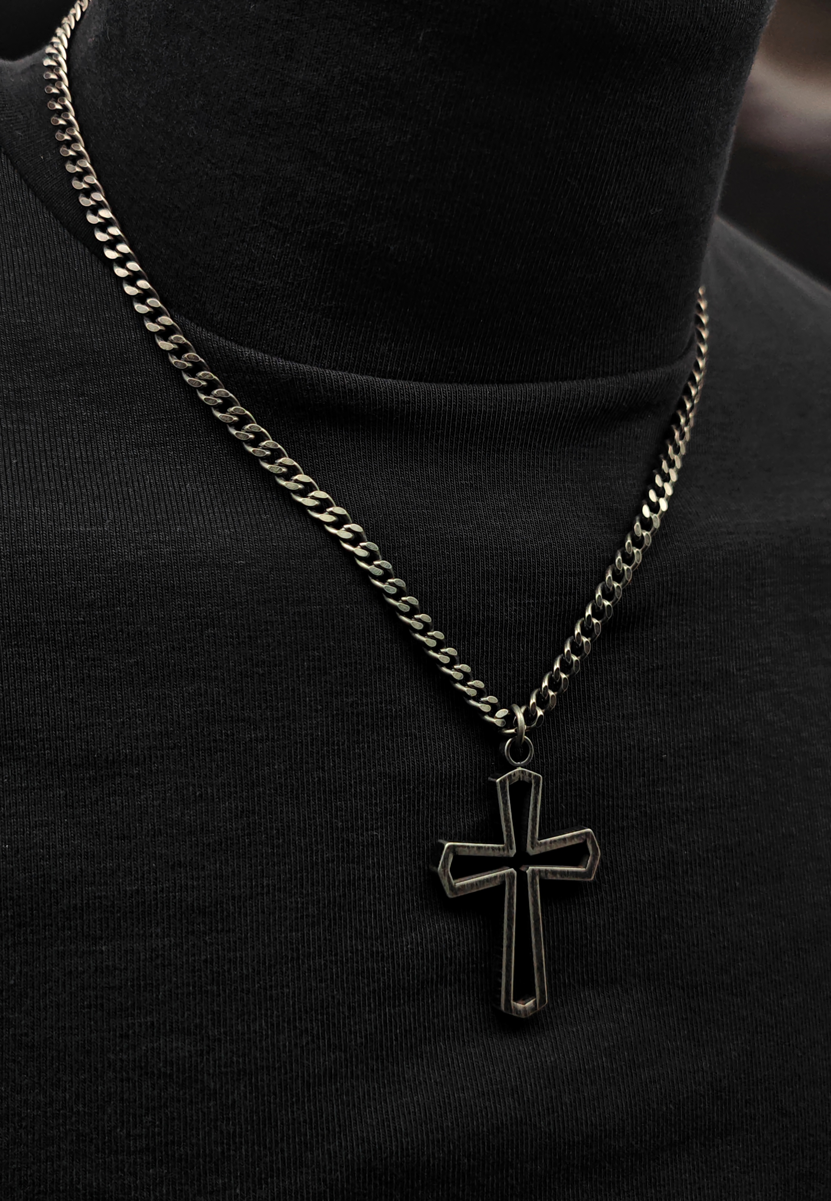 不銹鋼復古銀黑色34mm縷空十字架頸鏈(N864OXD)Stainless Steel Antique Black Silver 34mm Cross Necklace 