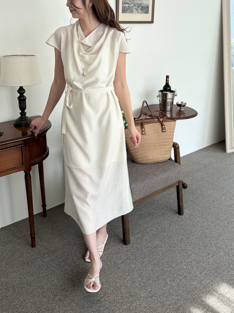 Draped Neck Dress with Inner Slip (Cream)
