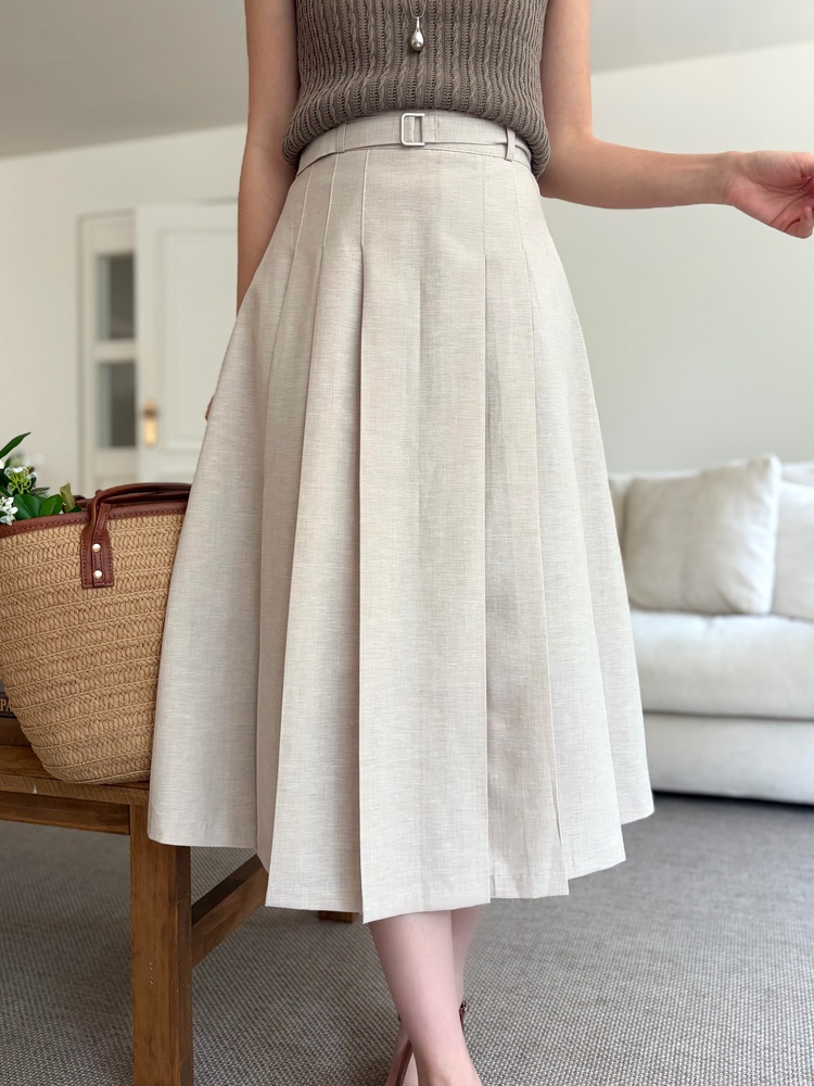 Linen Blend Pleated Skirt (Oat)