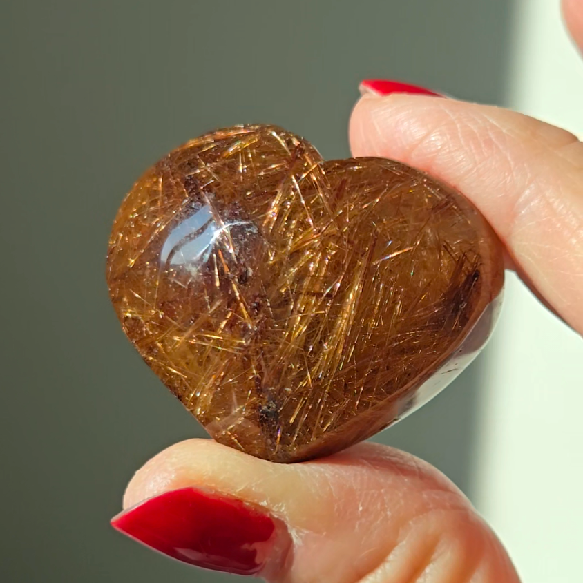 Golden flower rutiles in smoky quartz heart - RT687