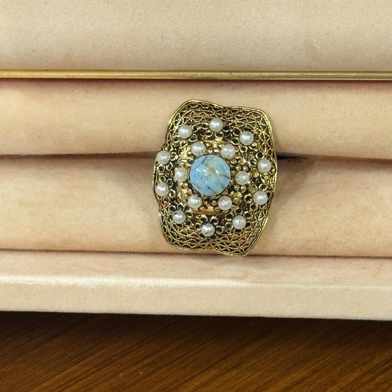 c.a. 1960s German New Old Stock Light Blue Glass Pearl Bead Ring - Adjustable size (C015)