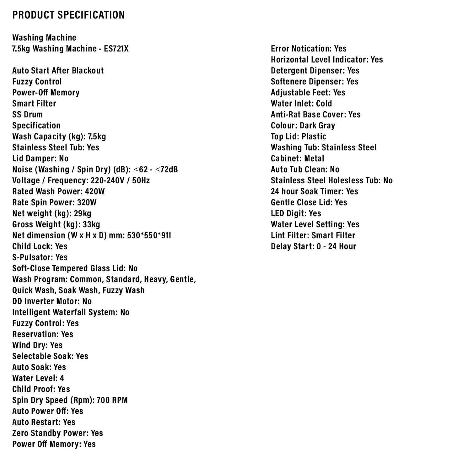 Sharp 7.5kg Top Load Washing Machine (ES721X)