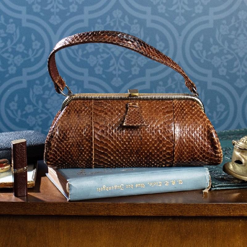 C.a. 1940-50s Montreal Coronet Brown Snakeskin Leather HandBag (MT659)