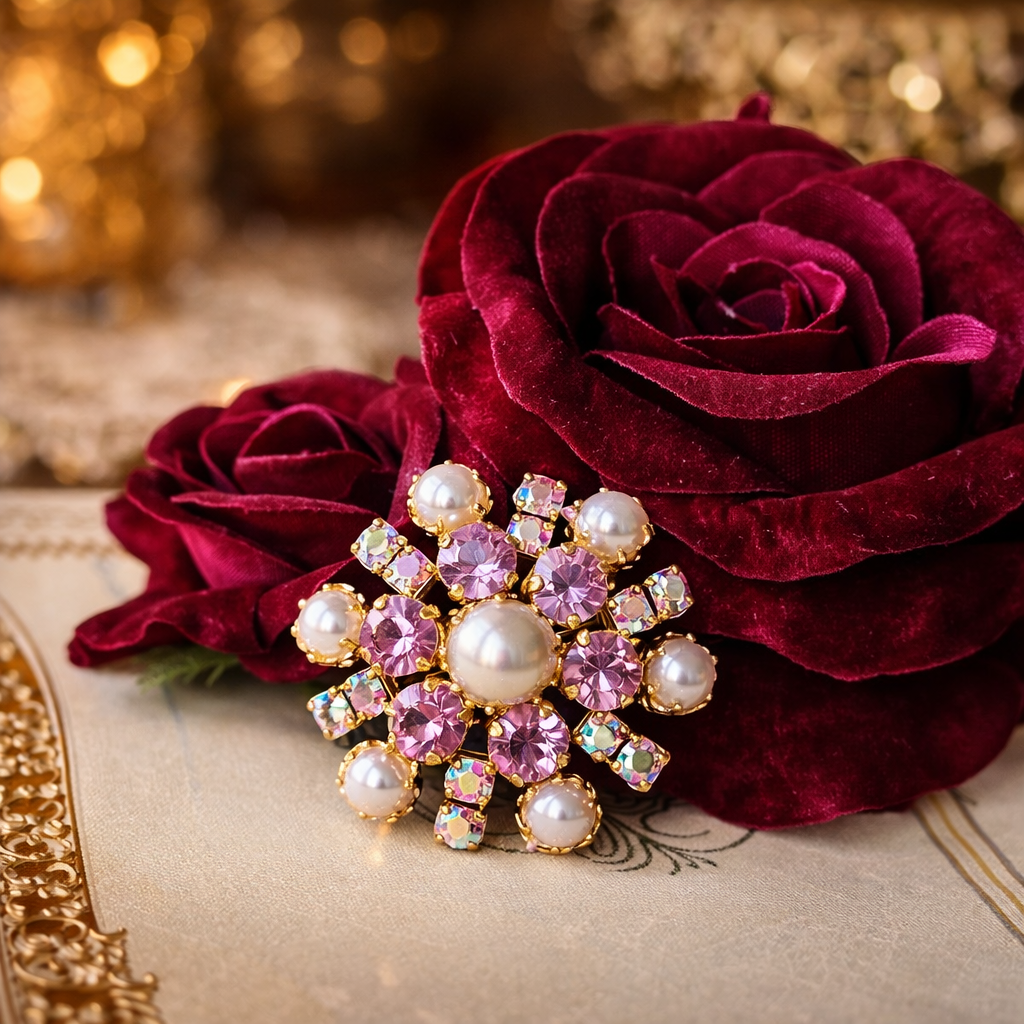 C.a. 1950-60s Pink Rhinestone and Faux Pearl Collar Brooch from Europe (MW240)