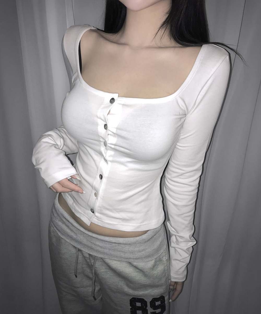 Square Neck Button-Up Long Sleeve Top