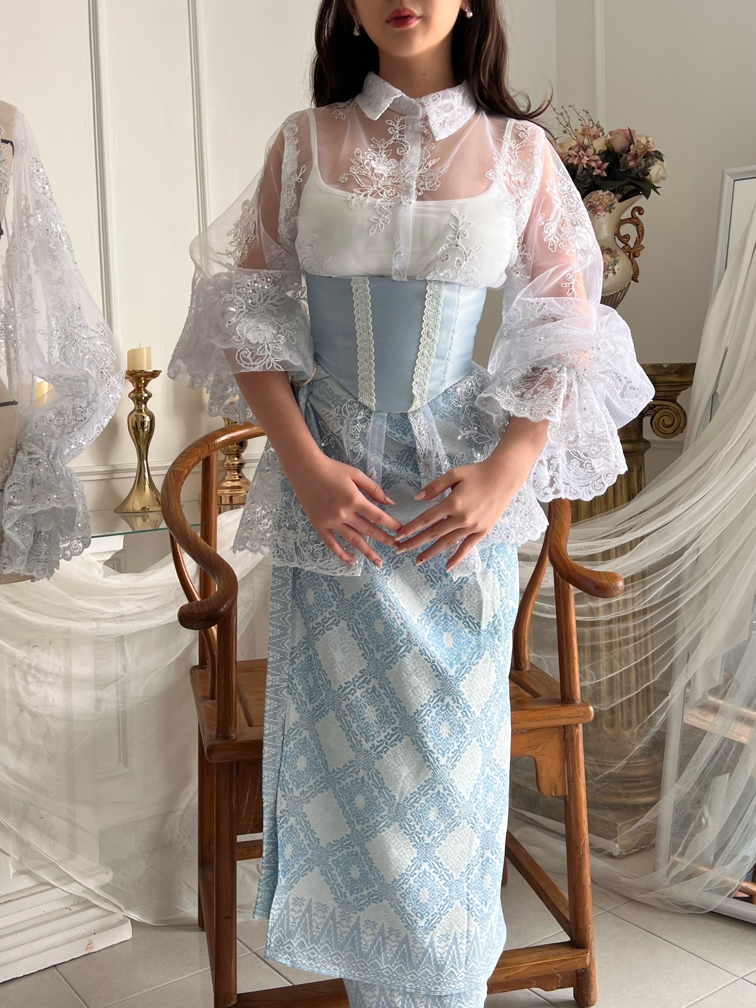 Songket Underbust Corset and Pareo Skirt in Light Blue with Angel Blouse in True White
