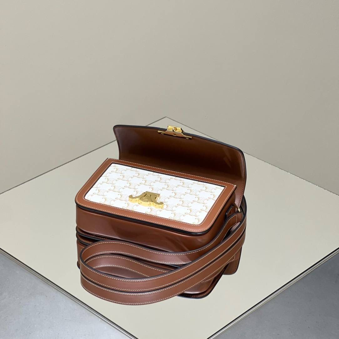 🔥大货实拍图 𝗖𝗘𝗟𝗜𝗡𝗘 ♥ 𝗧𝗥𝗜𝗢𝗠𝗣𝗛𝗘 𝗕𝗢𝗫 型号：191242 中号尺寸：22.5*16*7cm 小号尺寸：18.5*14*6cm 凯旋门自发行以来就一直火的一塌糊涂，最开始的老花到纯色到帆布，这只帆布真的太好看了，超级清新！