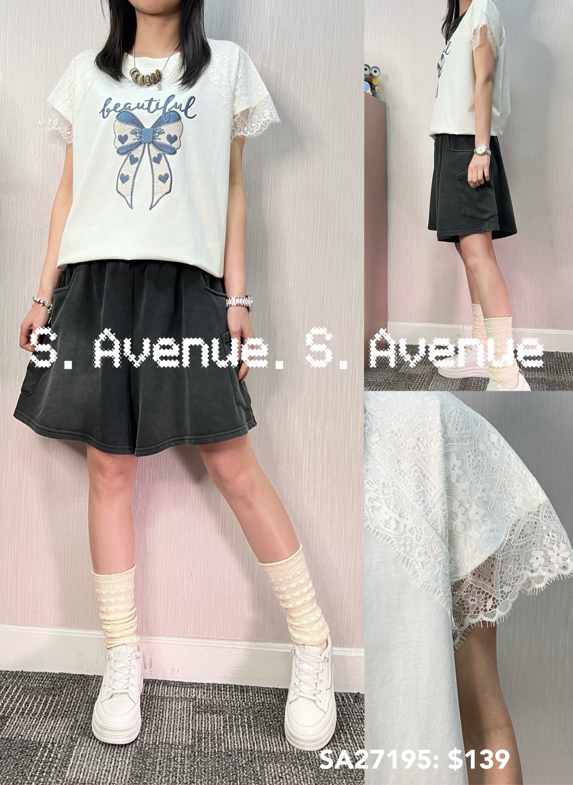 SA27195: 短袖lace袖繡蝴蝶tee