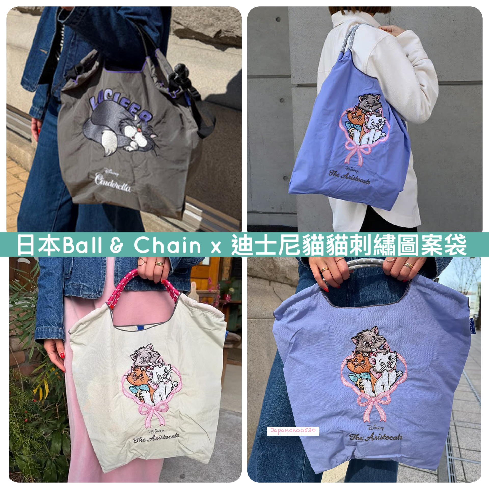 日本預訂📍日本限定Ball & Chain x 迪士尼貓貓刺繡圖案袋 (M Size) 不包郵