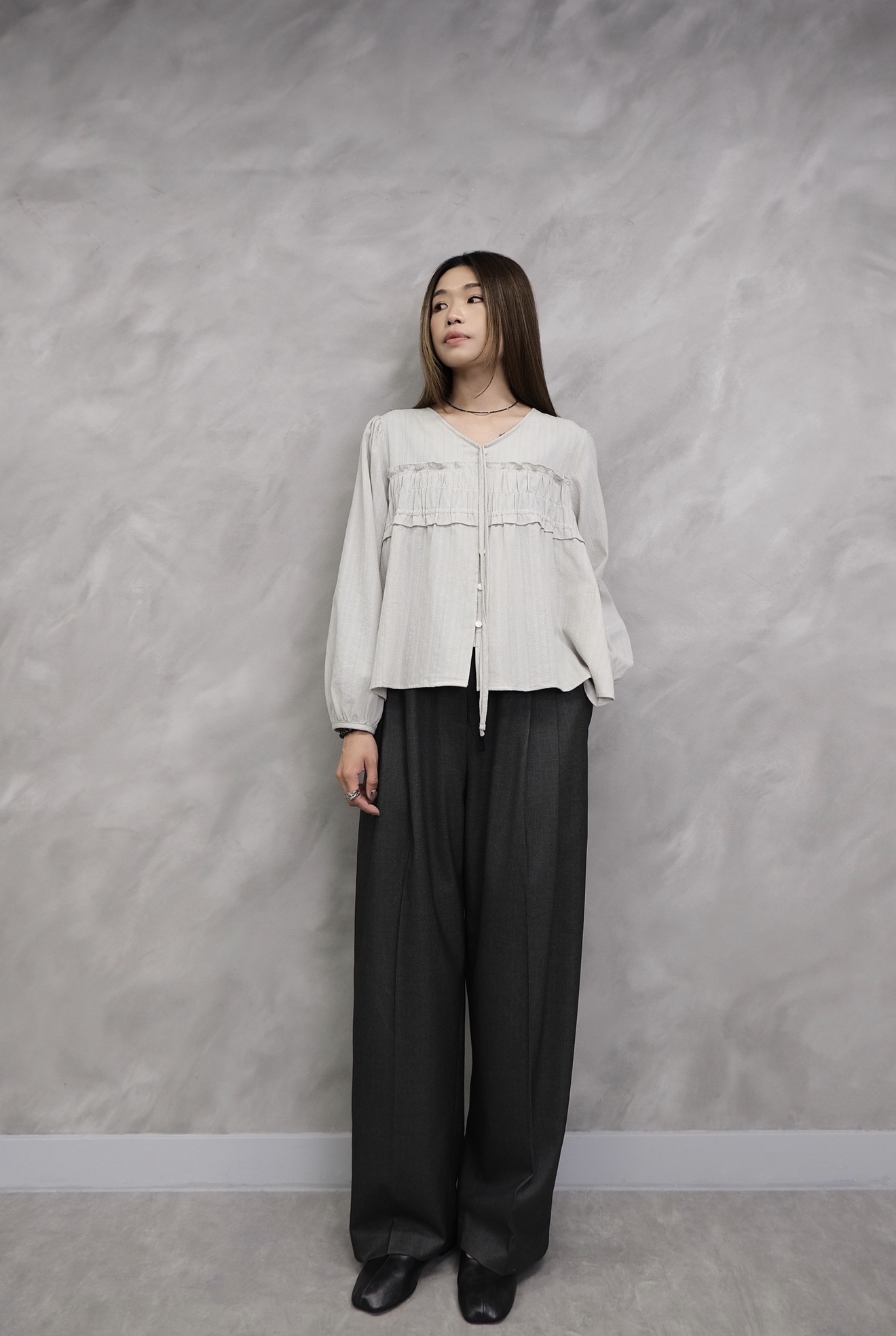 Drawstring Pleated Wide Trousers #pt84