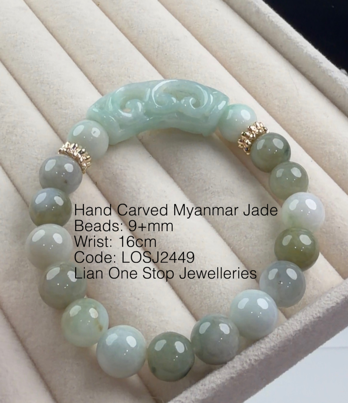 Code: LOSJ2449 Hand Carved Myanmar Jade 9+mm