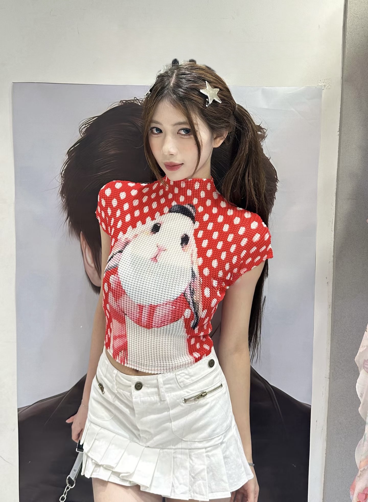 甜美猫咪印花弹簧面料上衣 Sweet Cat Print Textured Stretch Top