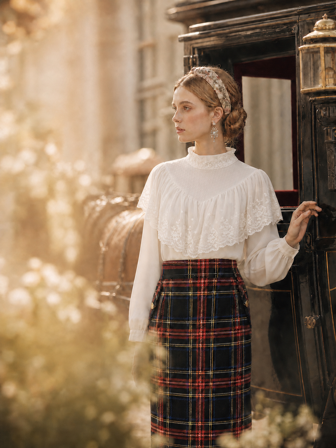 英倫學院的午茶約會 ∙ 金扣格紋復古鉛筆裙 British Academy Teatime ∙ Golden Button Plaid Vintage Pencil Skirt / 公主堡壘晨光朝露蕾絲襯衫Princess Fortress Lace Serenade Blouse