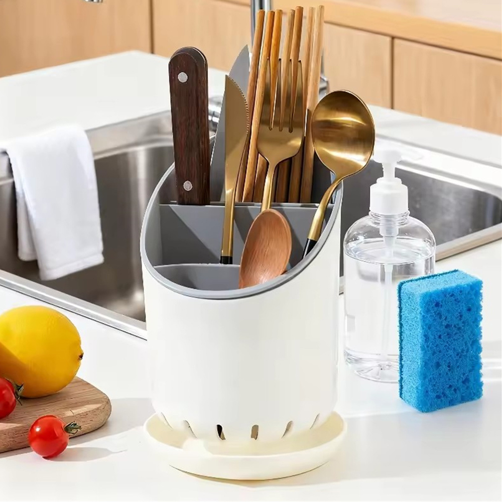 雙層瀝水餐具架 筷子架 餐具收納 勺子 匙羹 筷子籠 收納盒 餐具瀝水 灰色 [平行進口]  HK2700