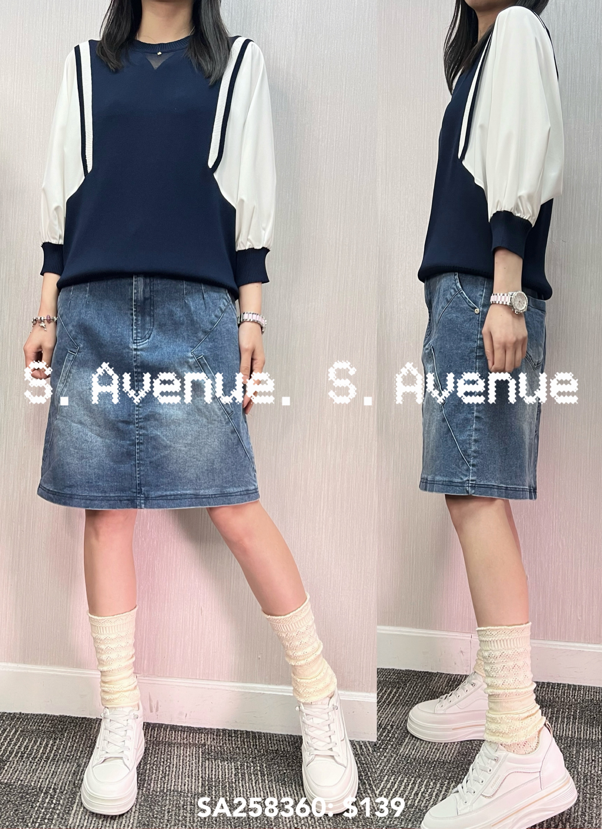 SA258360: 中袖側拼雪紡圓領蝙蝠線top