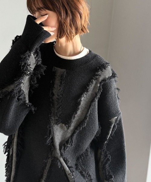 不規則流蘇拼色針織上衣【JT019】