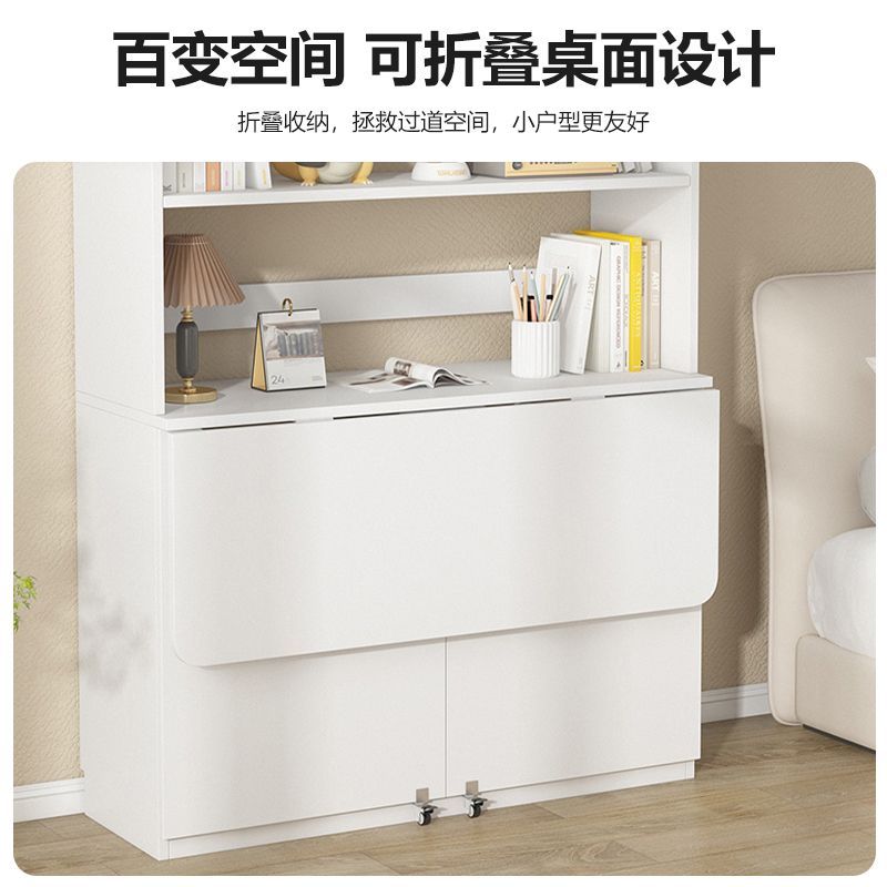 實木書櫃書桌一體兒童學習桌可折疊多層收納書櫃臥室辦公桌電腦桌‑desk