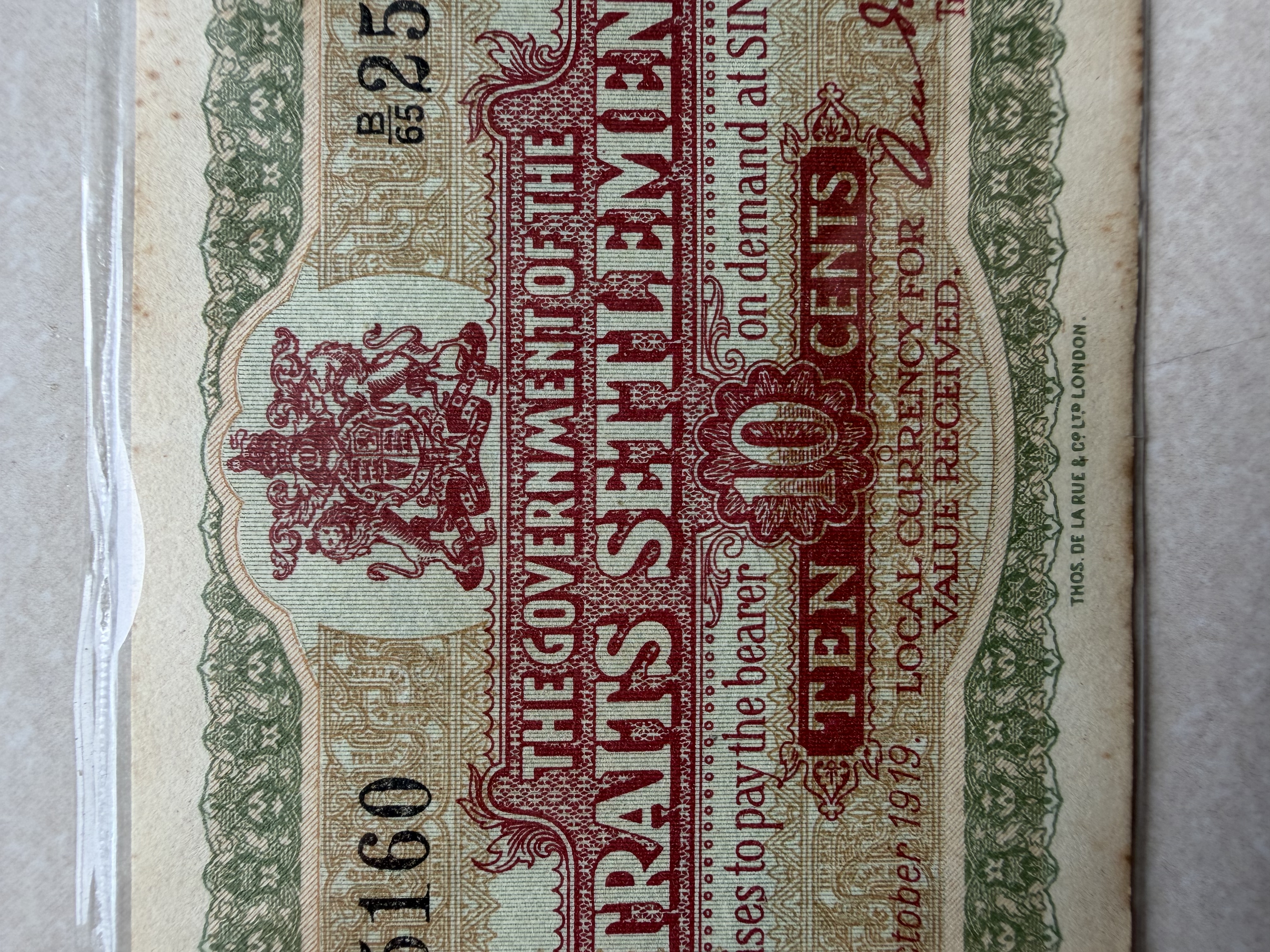 (B/65: 25160) Emergency Issue Straits Settlements, 1919, 10 Cents Old Banknote 叻屿呷政府壹角青龙钞票一九一九年紧急发布纸币10毫