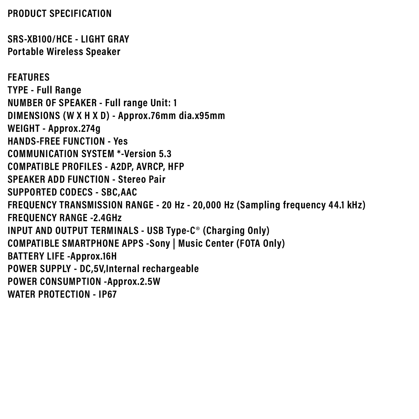Sony Compact Bluetooth Speaker Light Grey (SRS-XB100)