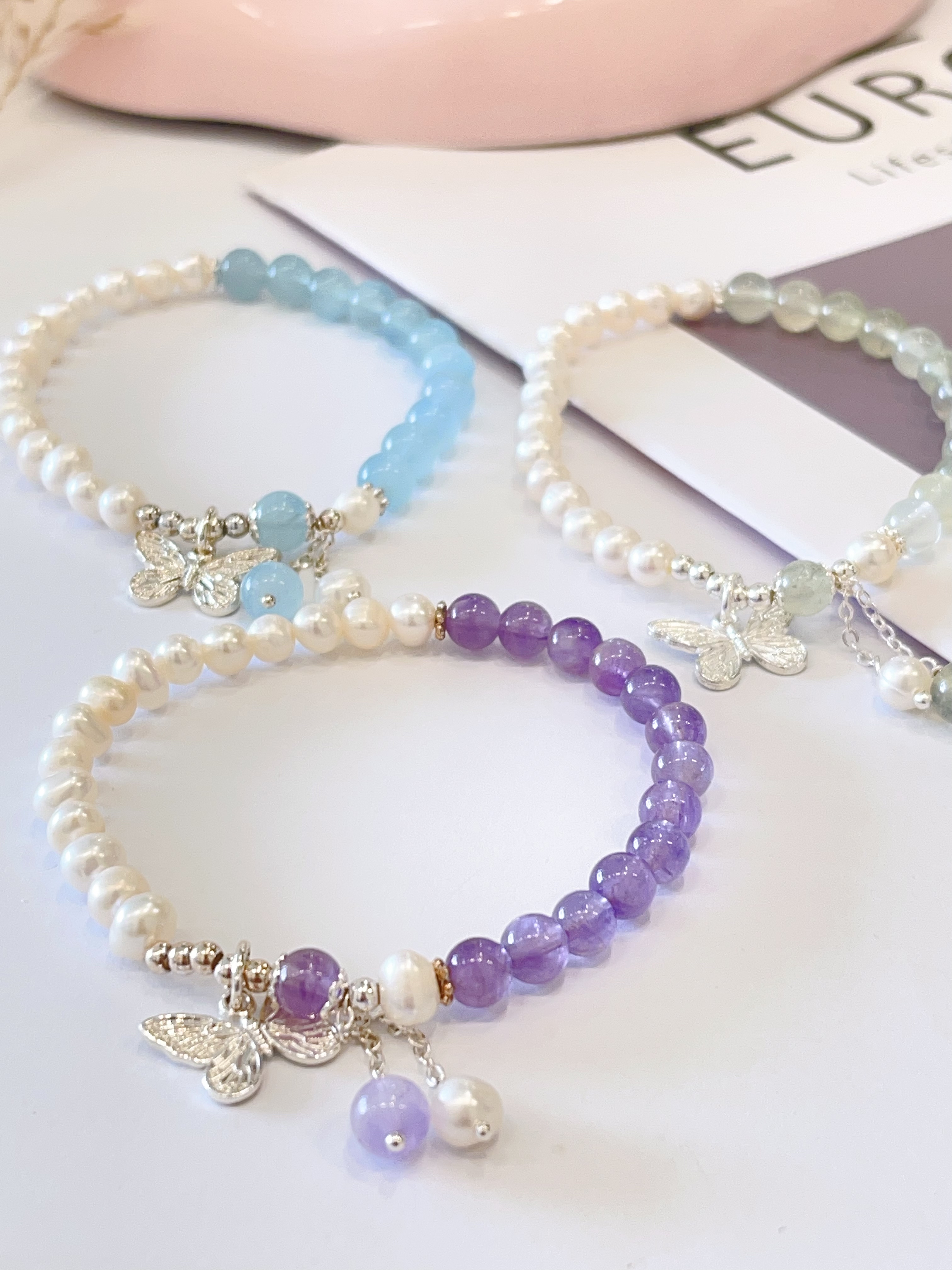 💜 紫水晶 × 葡萄石 × 海蓝宝 × 淡水珍珠手串 Amethyst, Prehnite, Aquamarine & Freshwater Pearl  |  6mm