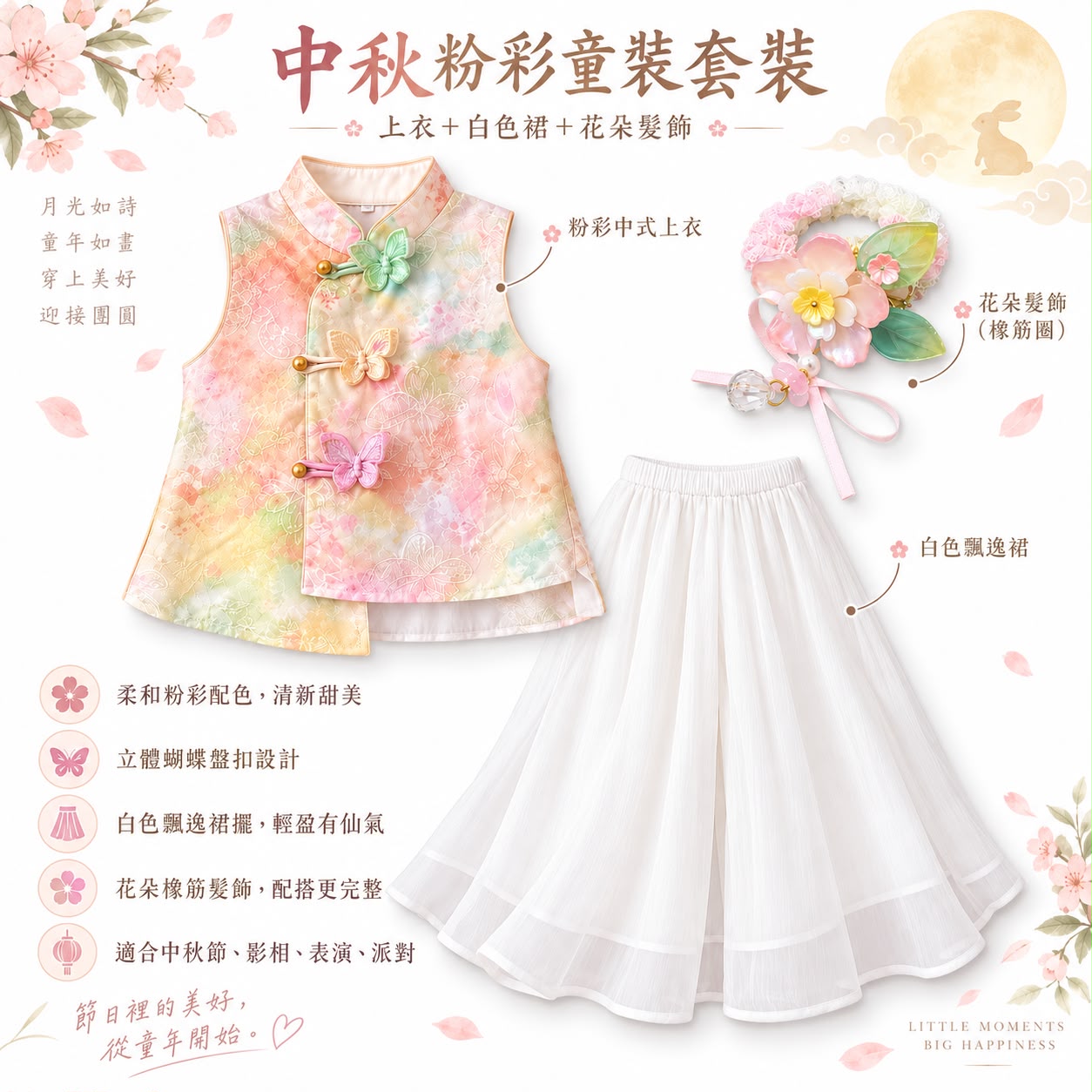 中秋兒童粉彩中式套裝 女童新中式上衣白色長裙花朵髮飾 Mid-Autumn Kids Costume 香港