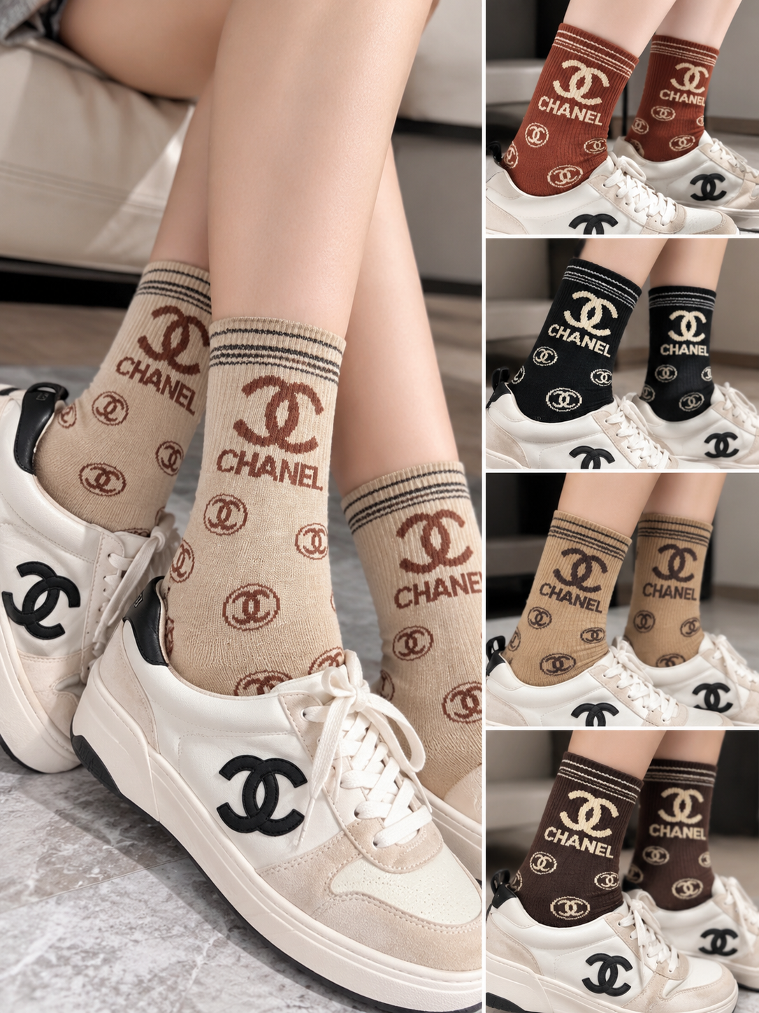 Chanel 標誌印花襪子與運動鞋