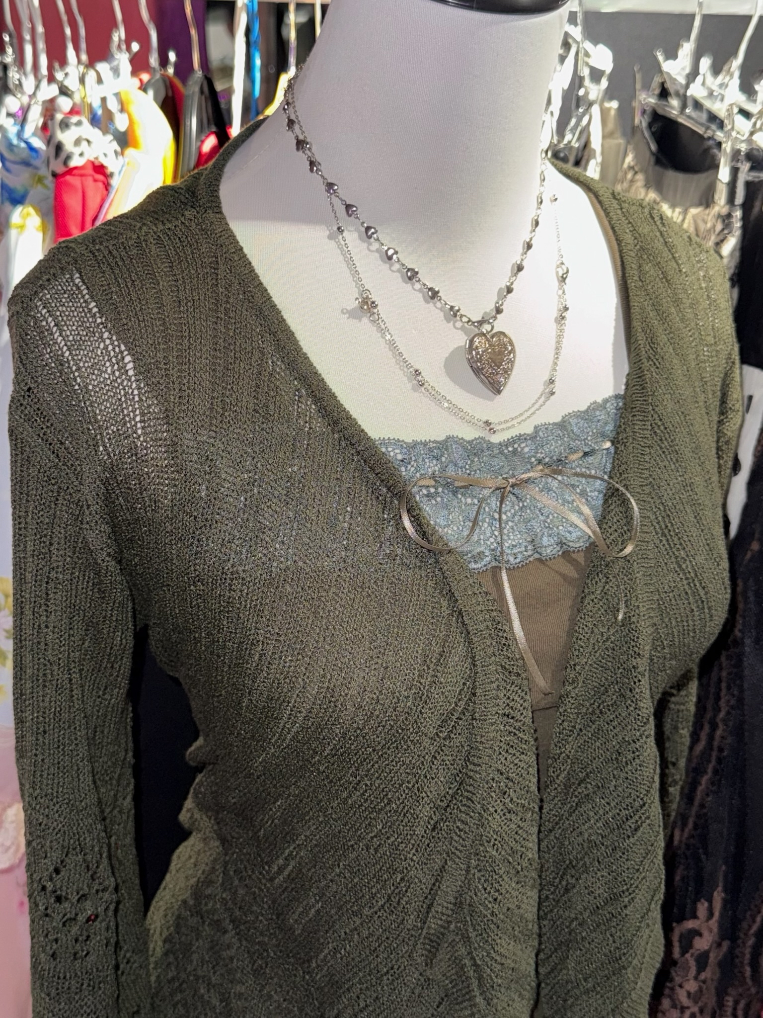 Dark Green Knitted Cardigan Lace Shorts Set
