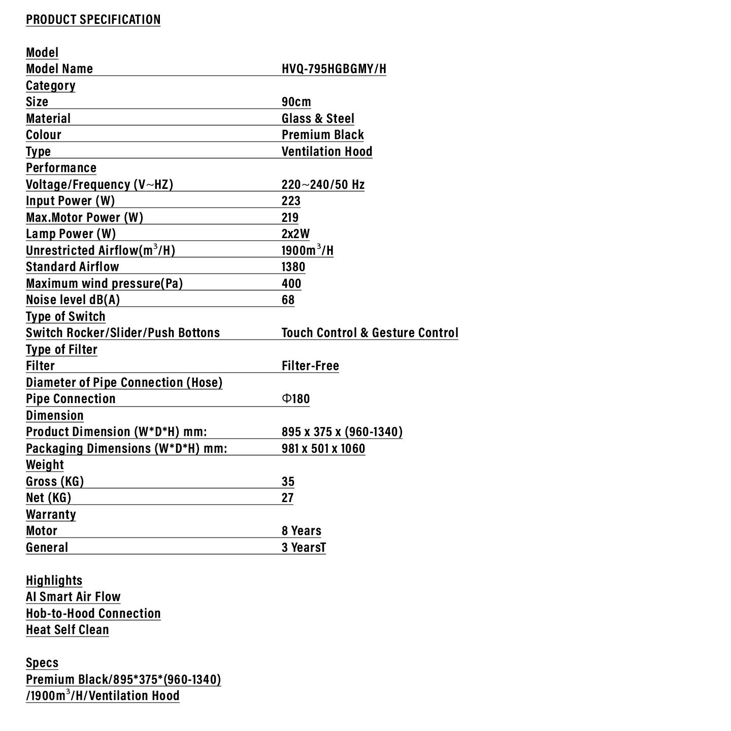 Haier 90cm Vertical Cooker Hood (HVQ-795HGBGMY)