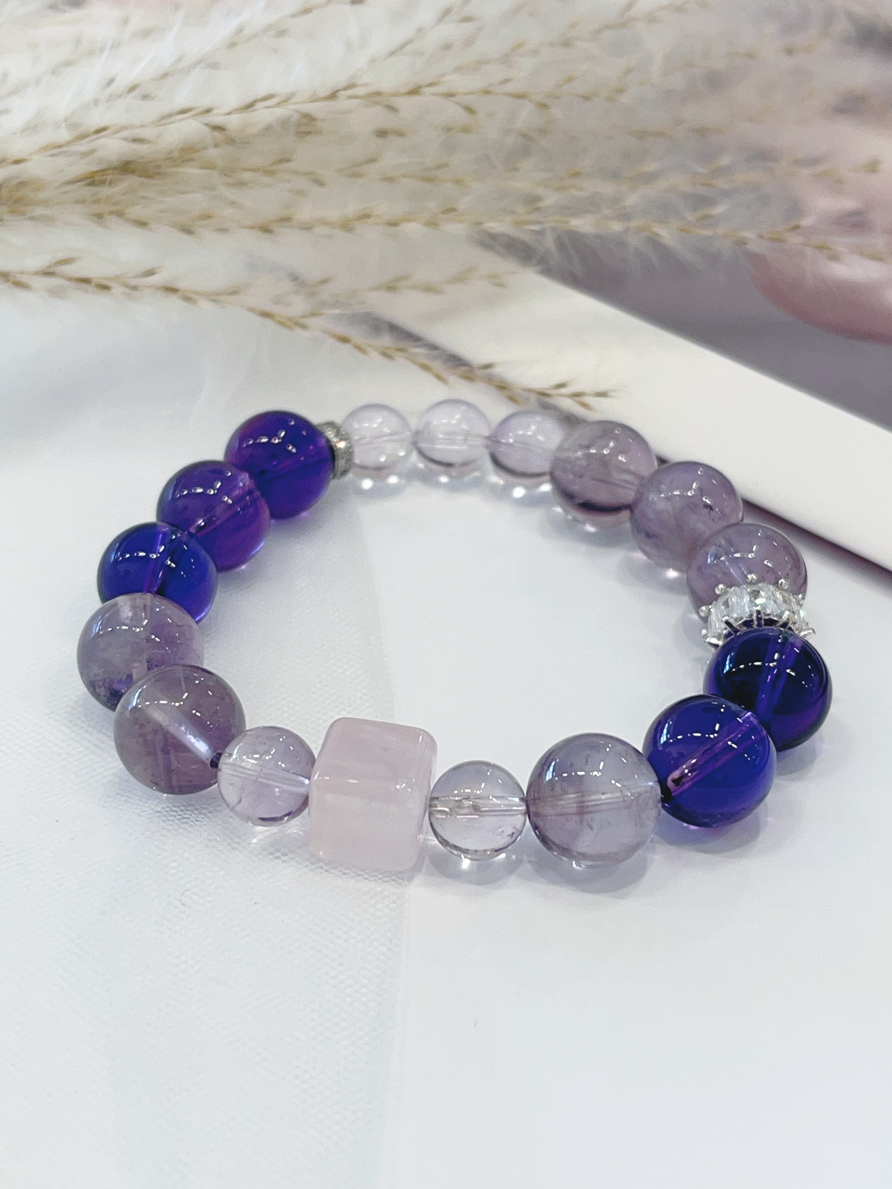💜 渐层感 紫水晶 × 方糖粉水晶手串 Amethyst & Rose Quartz Cube