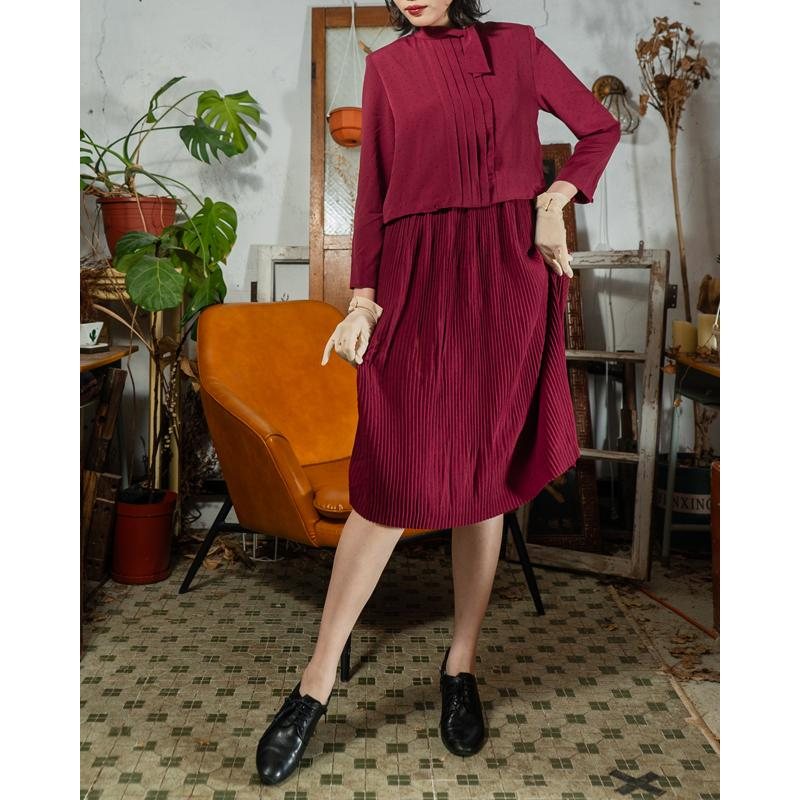 Vintage Elegant Cranberry Red Festive Faux Twin Set Accordion Pleat Dress (MT1608-147)