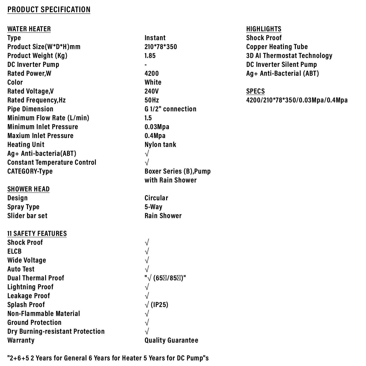 Haier 4.2kW DC Pump Rain Shower Water Heater (EI42M-BP1W-RS)