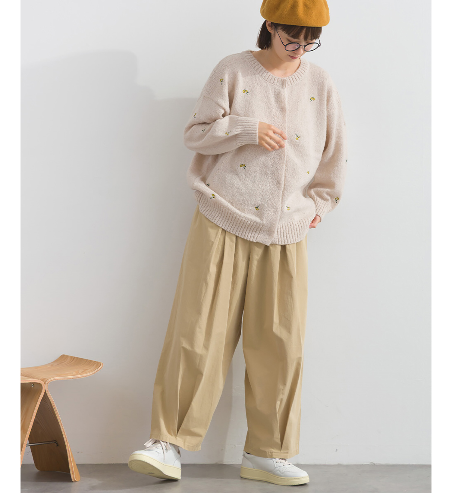 LP - 平針小花開襟毛衣 (米白色)