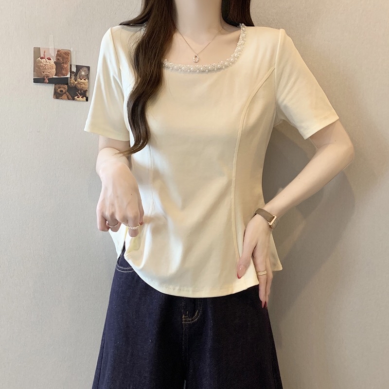 B224(36615) 韩系重工钉珠U领暗鱼骨纹4色上衣