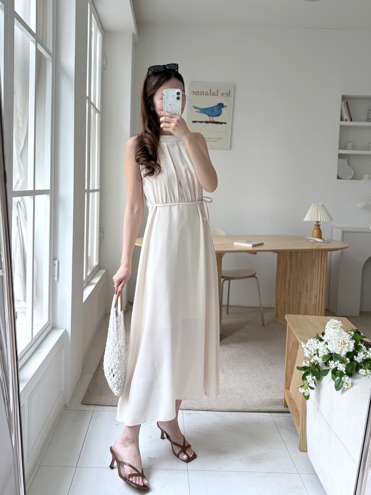 Pleated Halter Maxi Dress (Ivory)