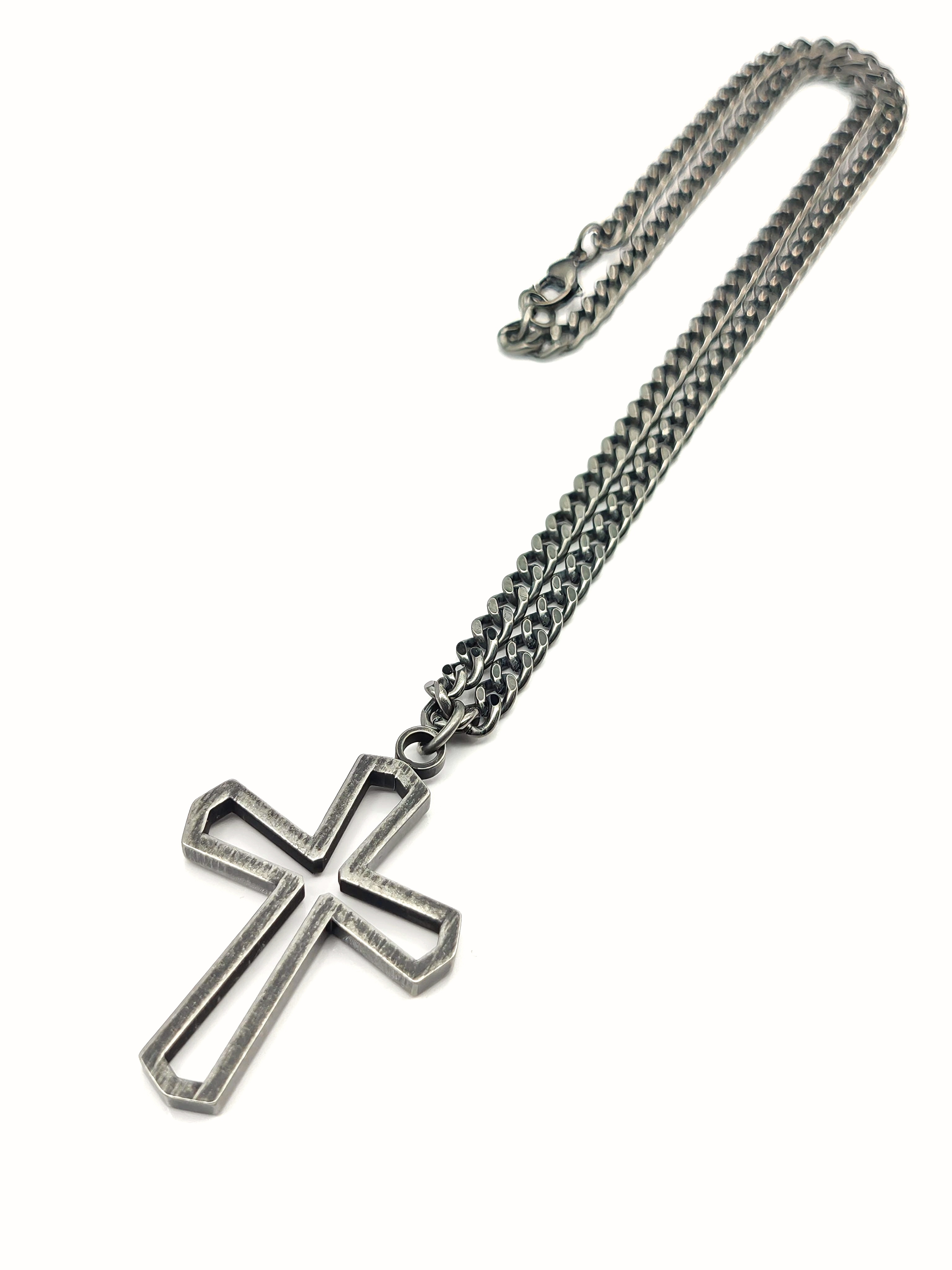 不銹鋼復古銀黑色34mm縷空十字架頸鏈(N864OXD)Stainless Steel Antique Black Silver 34mm Cross Necklace 