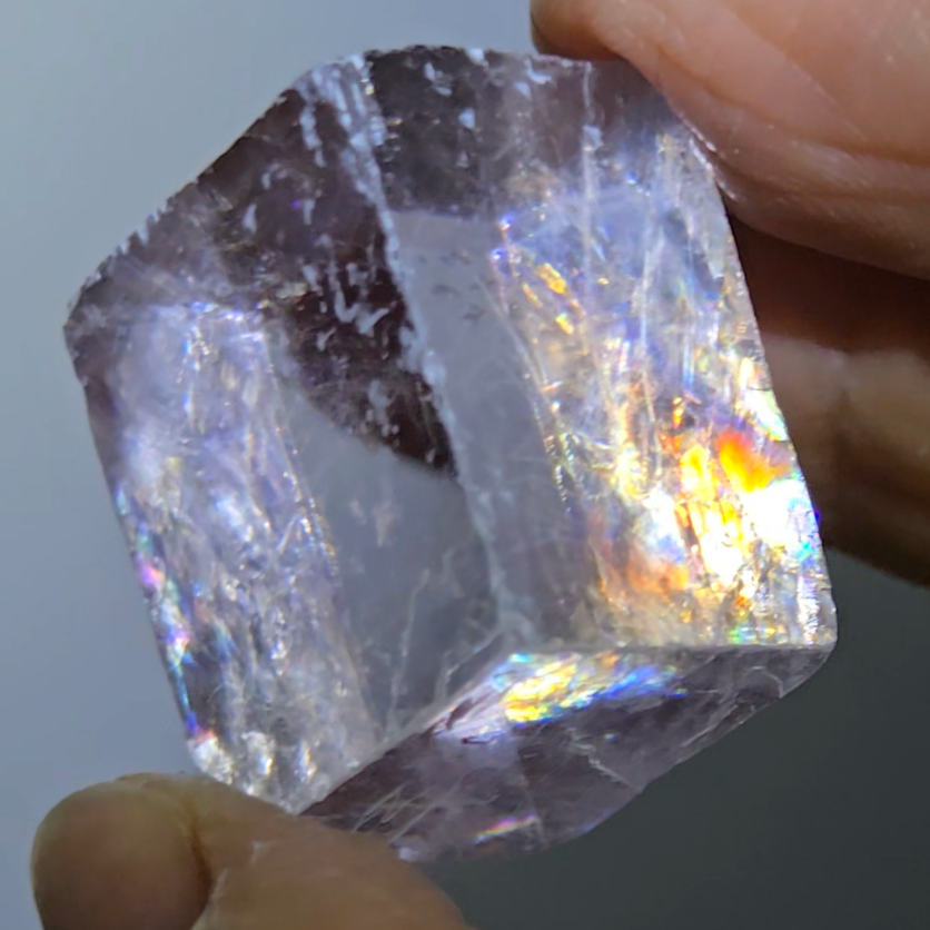 Purple calcite cube with rainbows - PC14