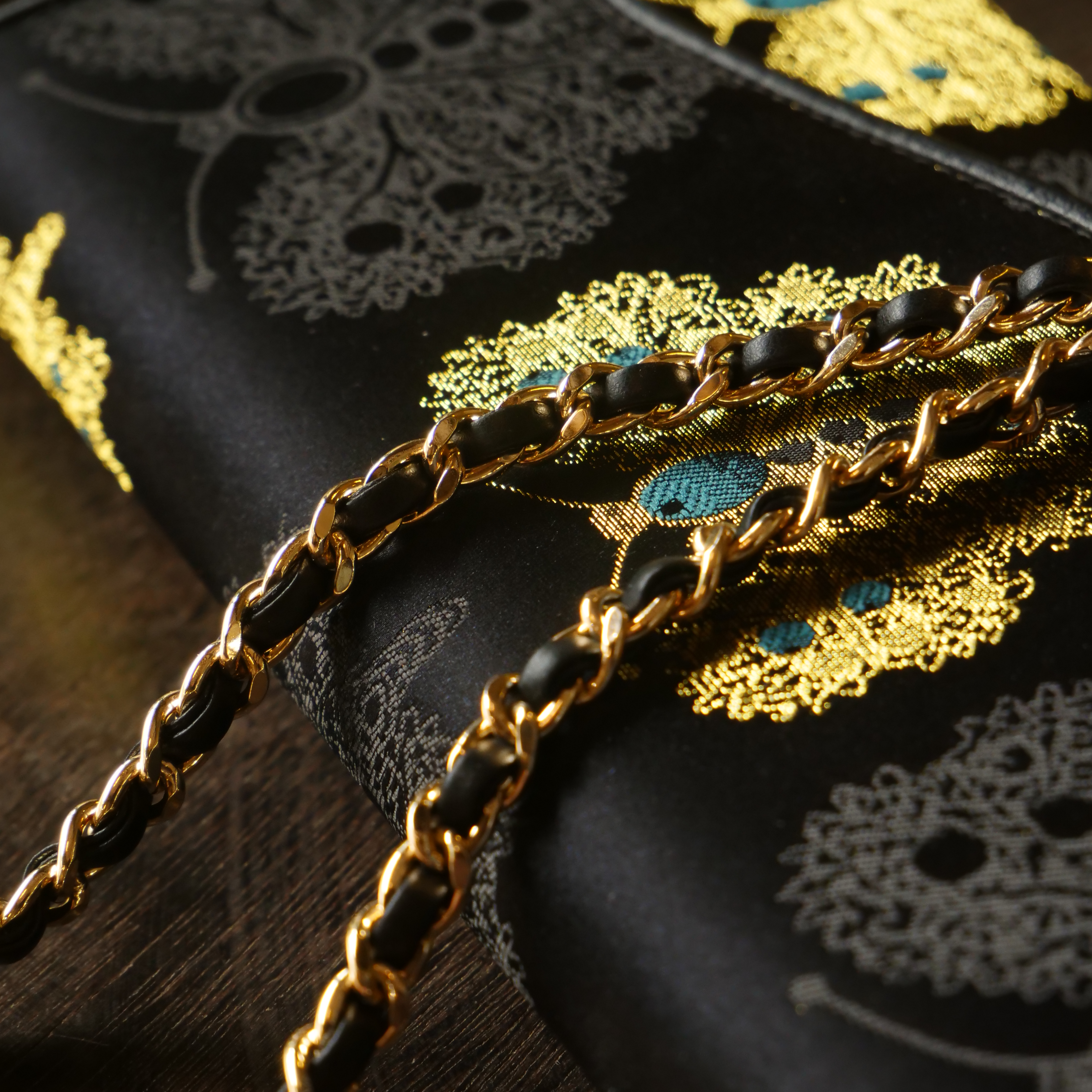 宋錦∞黑金綠蝴蝶牛皮手袋