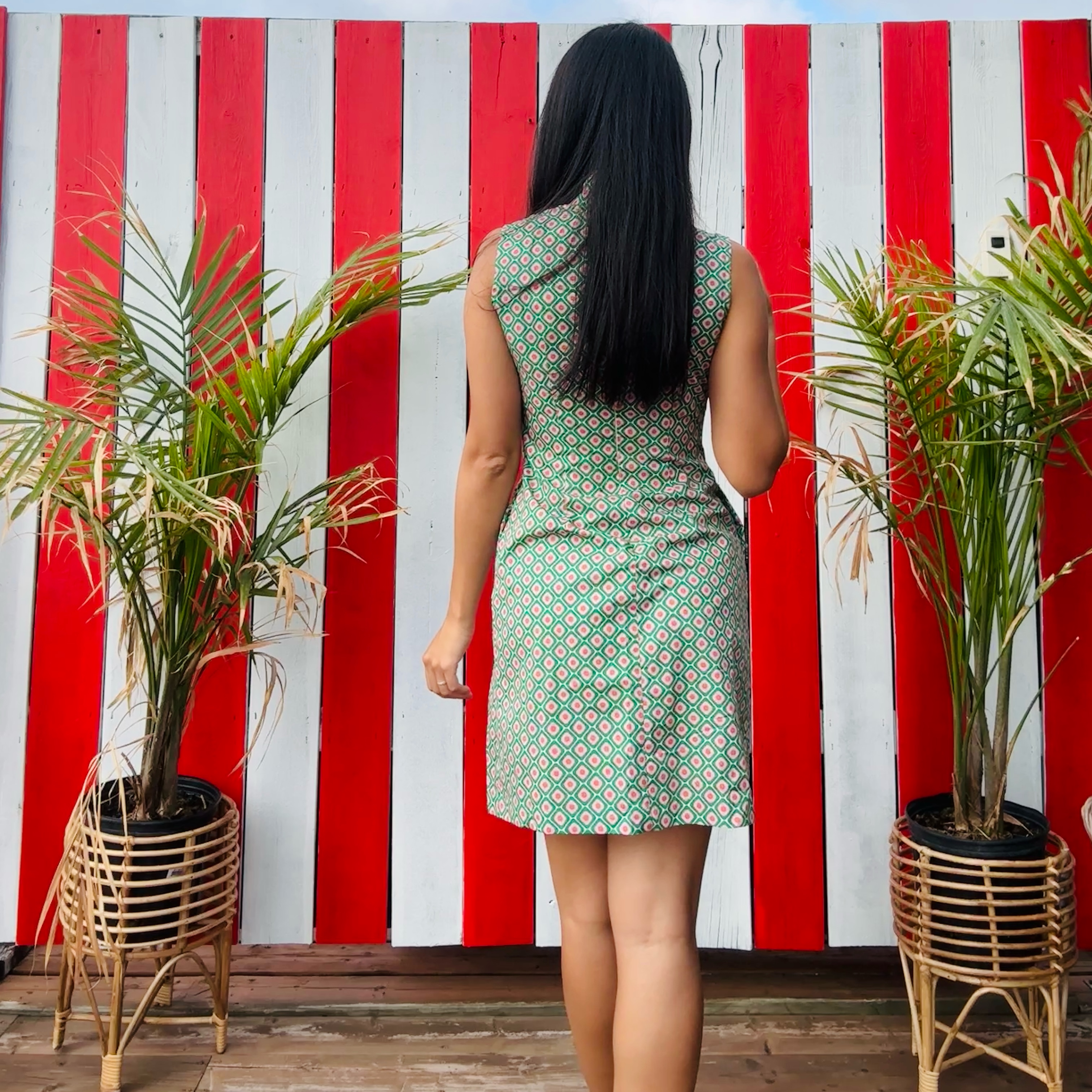 (Ready-made)100% Organic Cotton 60s Style Green Vintage Pattern Mandarin Collar Shift Dress (FM166)
