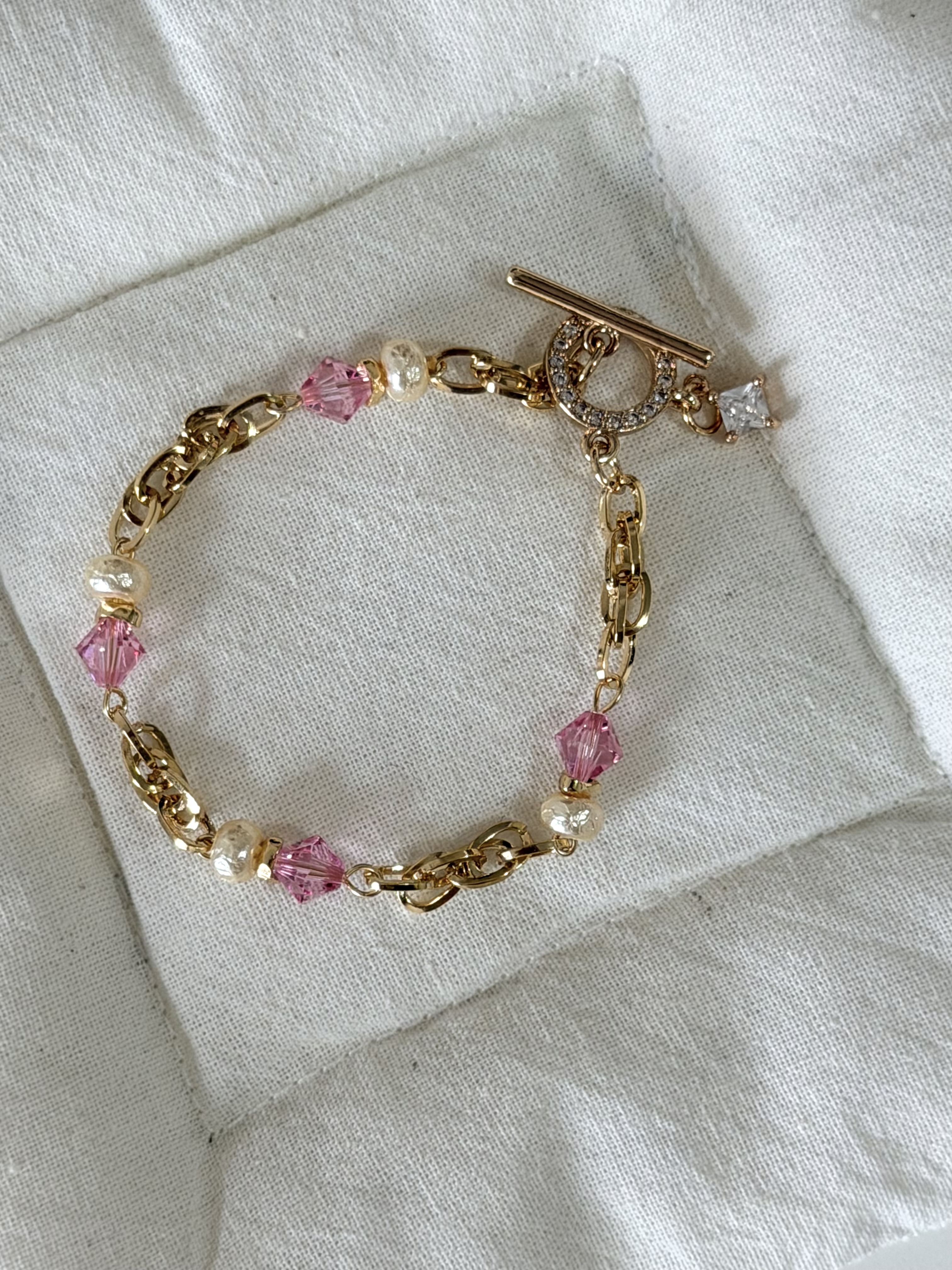 復古款水晶手鍊/櫻花粉紅x金色