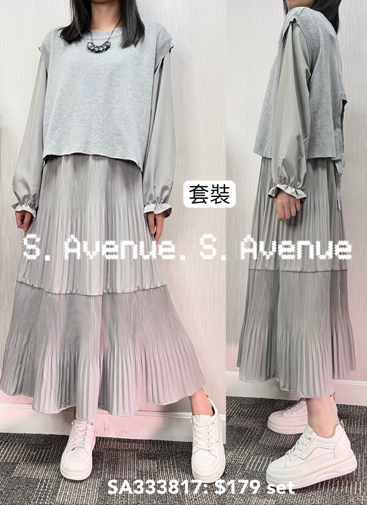 SA333817: 長袖雪紡下壓撍op配後綁帶背心