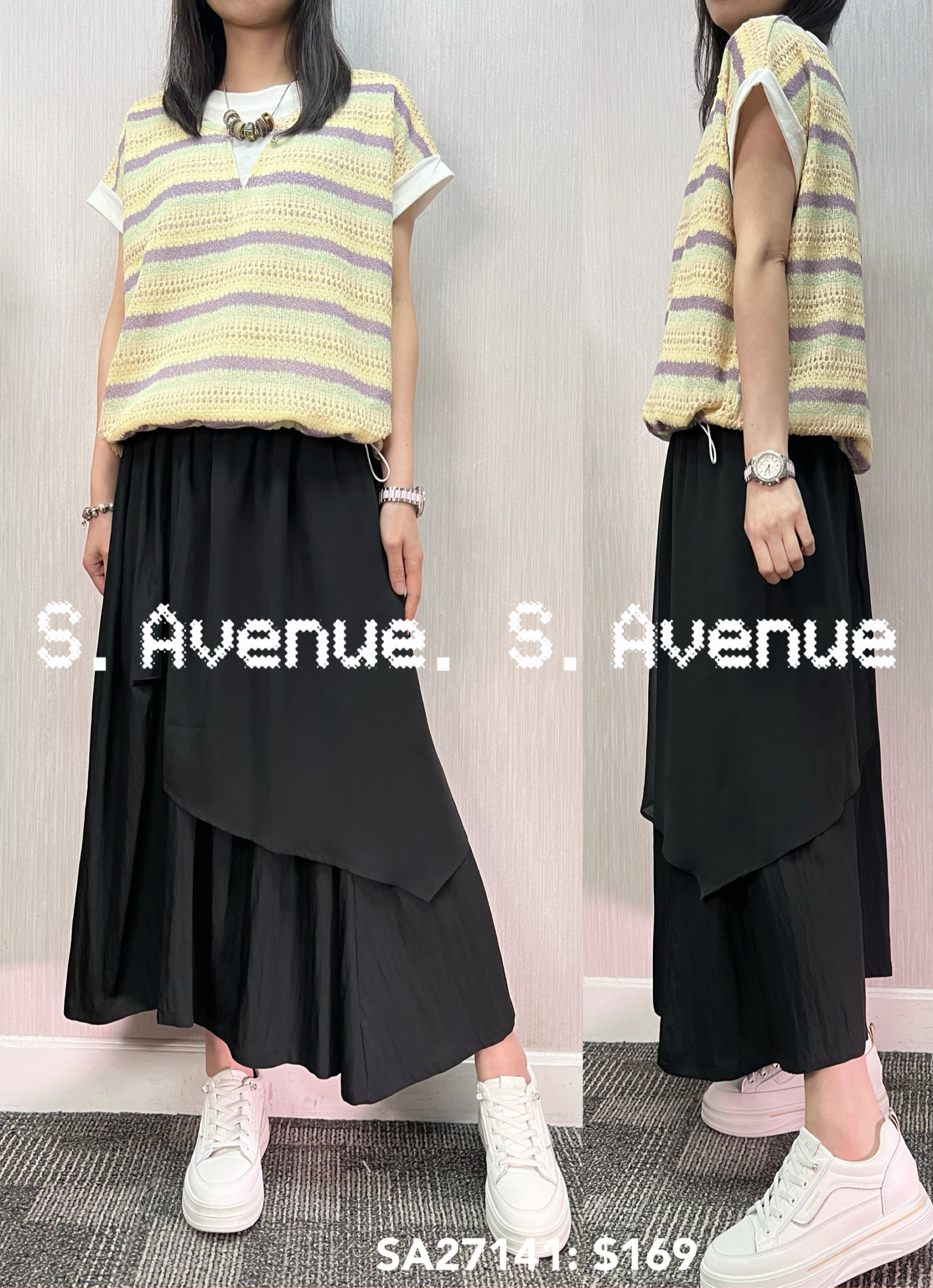 SA27141: 短袖勾織間條假兩件束腳top