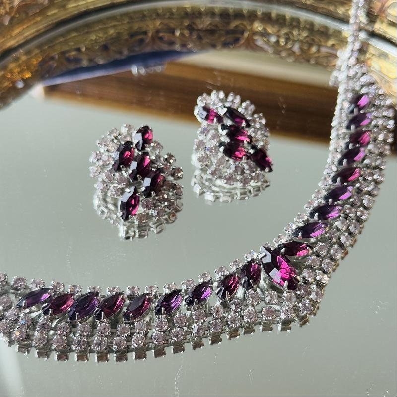 Preview - 1950s American Purple and Clear Rhinestone Rhodium Plated Clip Earrings and Necklace Cocktail Jewelry Set (MT2147)