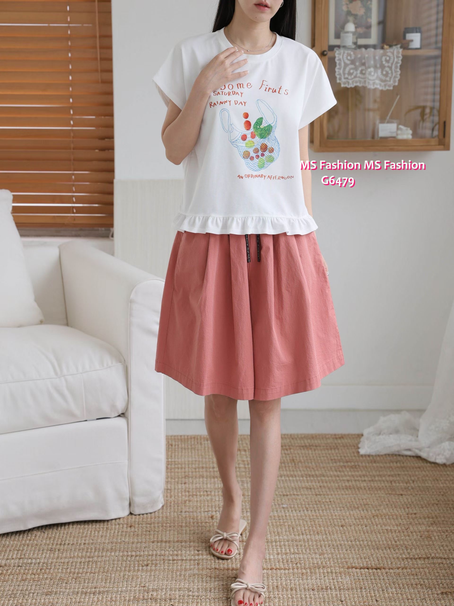 G6479 靚print ruffle腳top