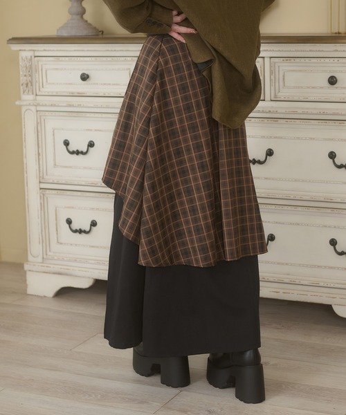 格子雙層開衩喇叭裙