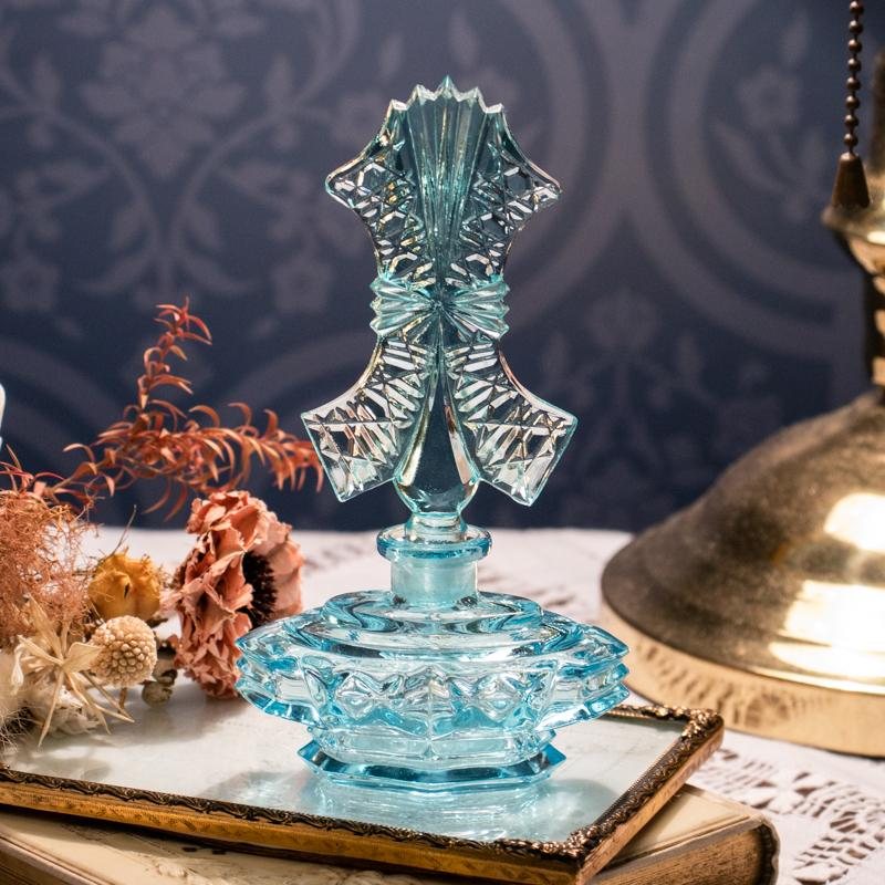 1960s Czechoslovakia Art Deco Inspired-Pattern Pressed Glass Vanity Perfume Bottle -Aqua Blue(MW013)