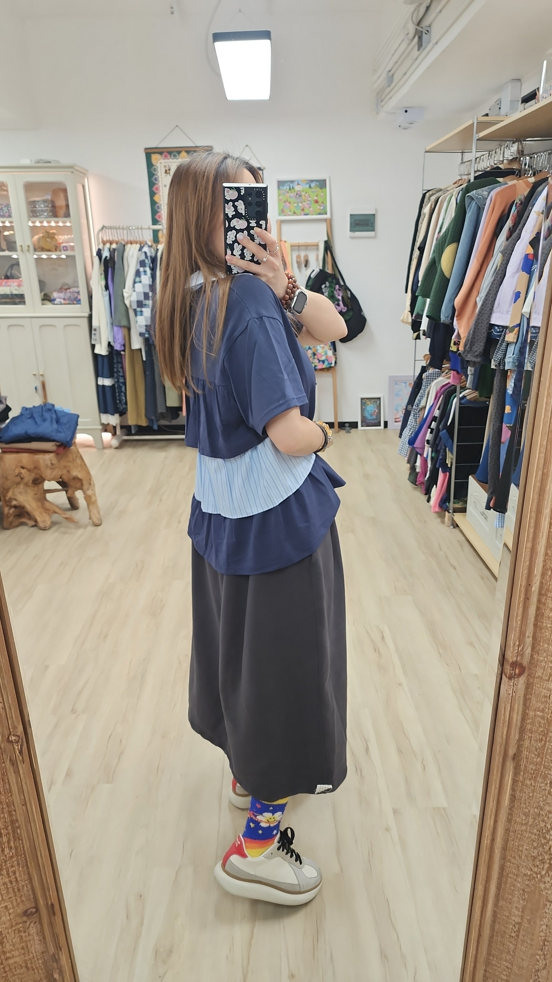 韓國深藍拼布背Ruffle Tee