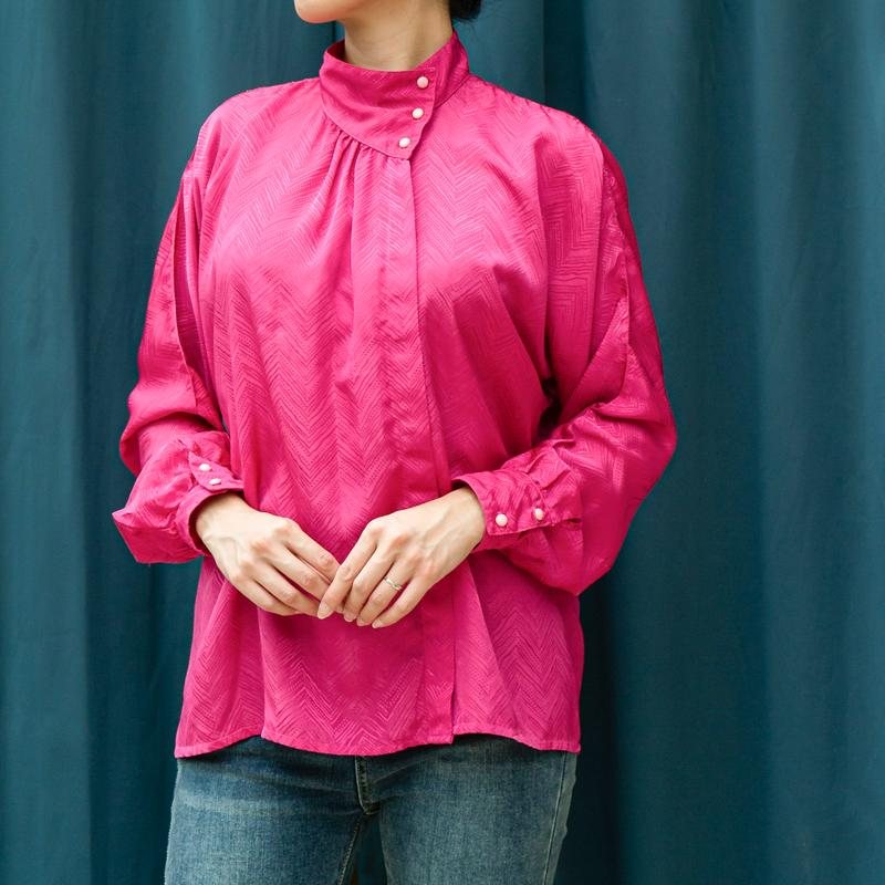 Vintage 1980s French Fuchsia Pink Asymmetric Collar Long Sleeve Blouse (MT1604-3)