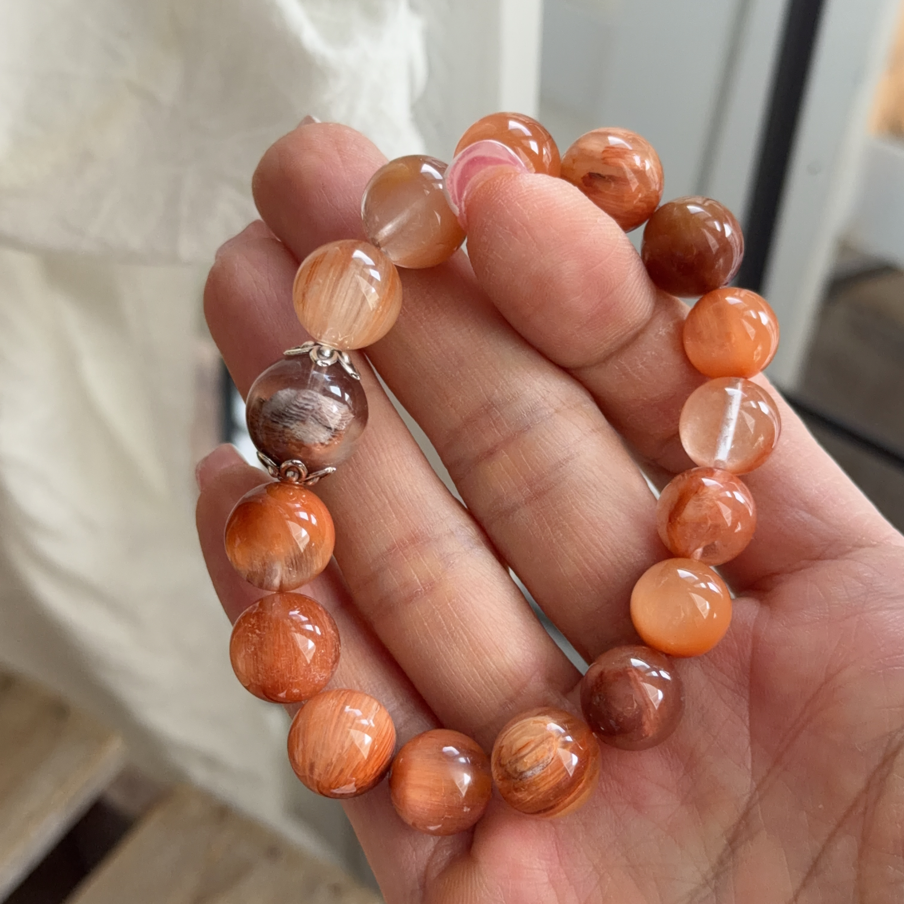 粉橙兔毛&千層幽靈手串