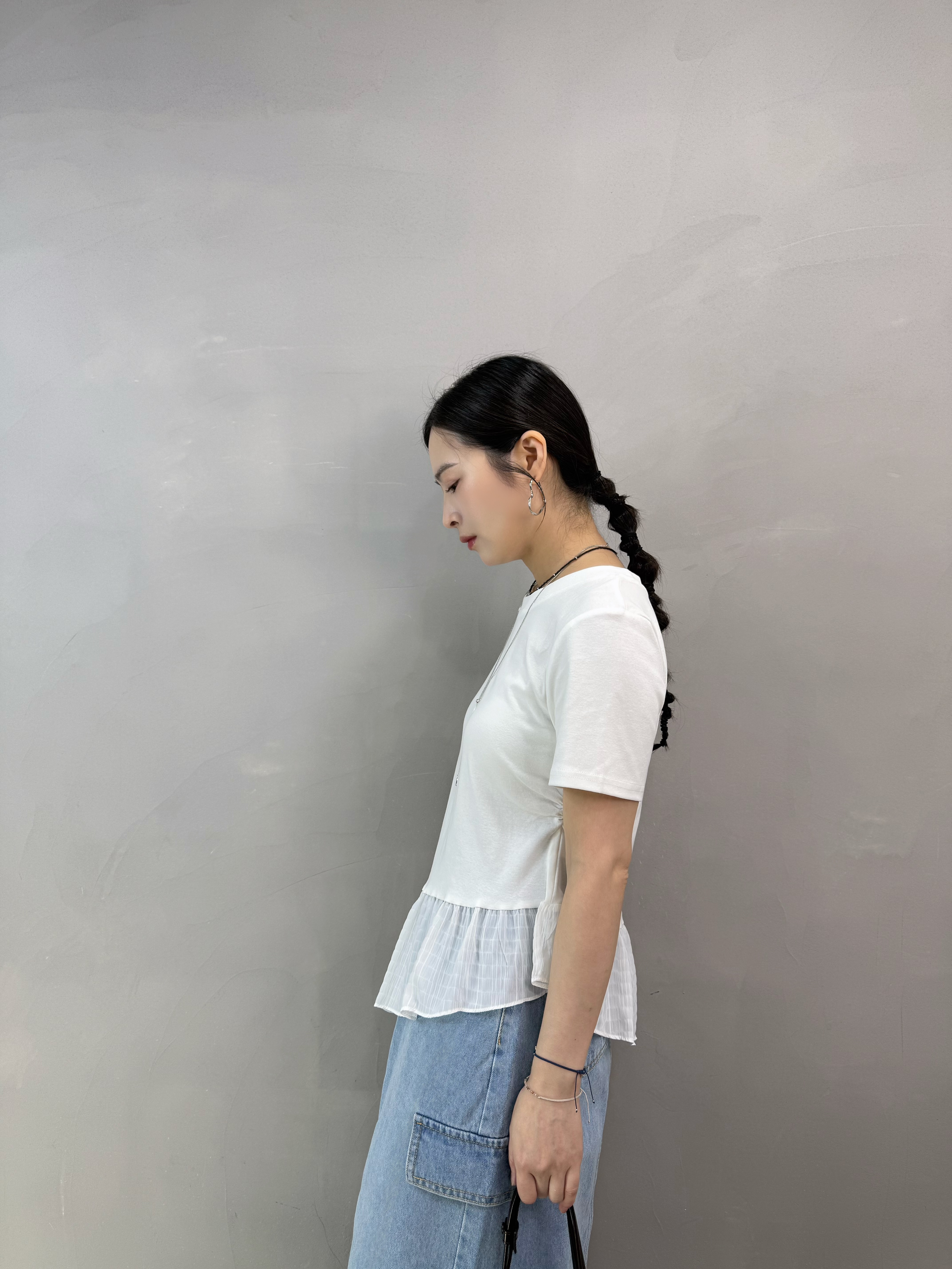 S76 棉質拼斜腳ruffle top